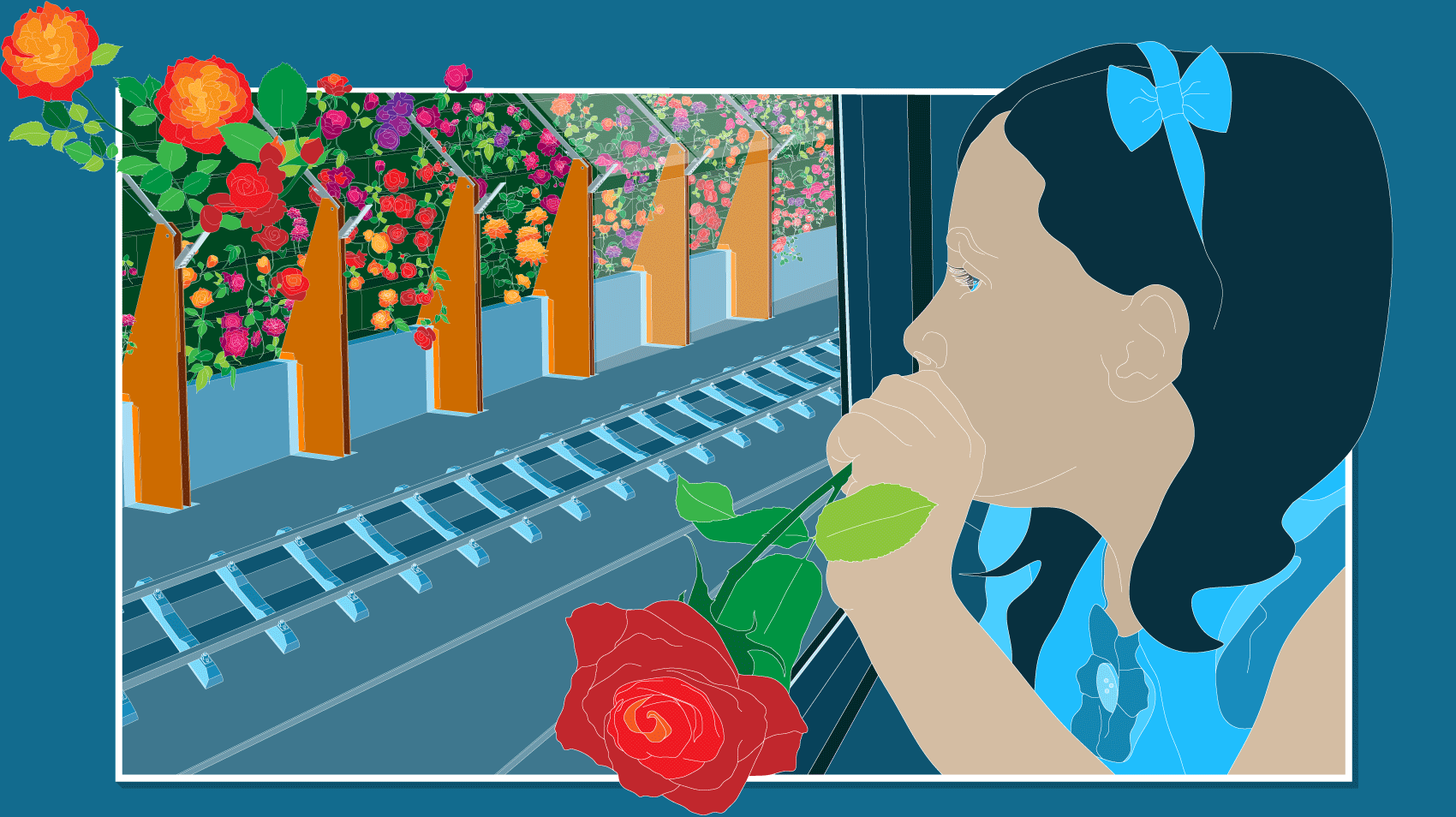 Theo Jones architecture Crystal Palace Park Rosarium view from a train drawing illustration a rose leaves the rosarium